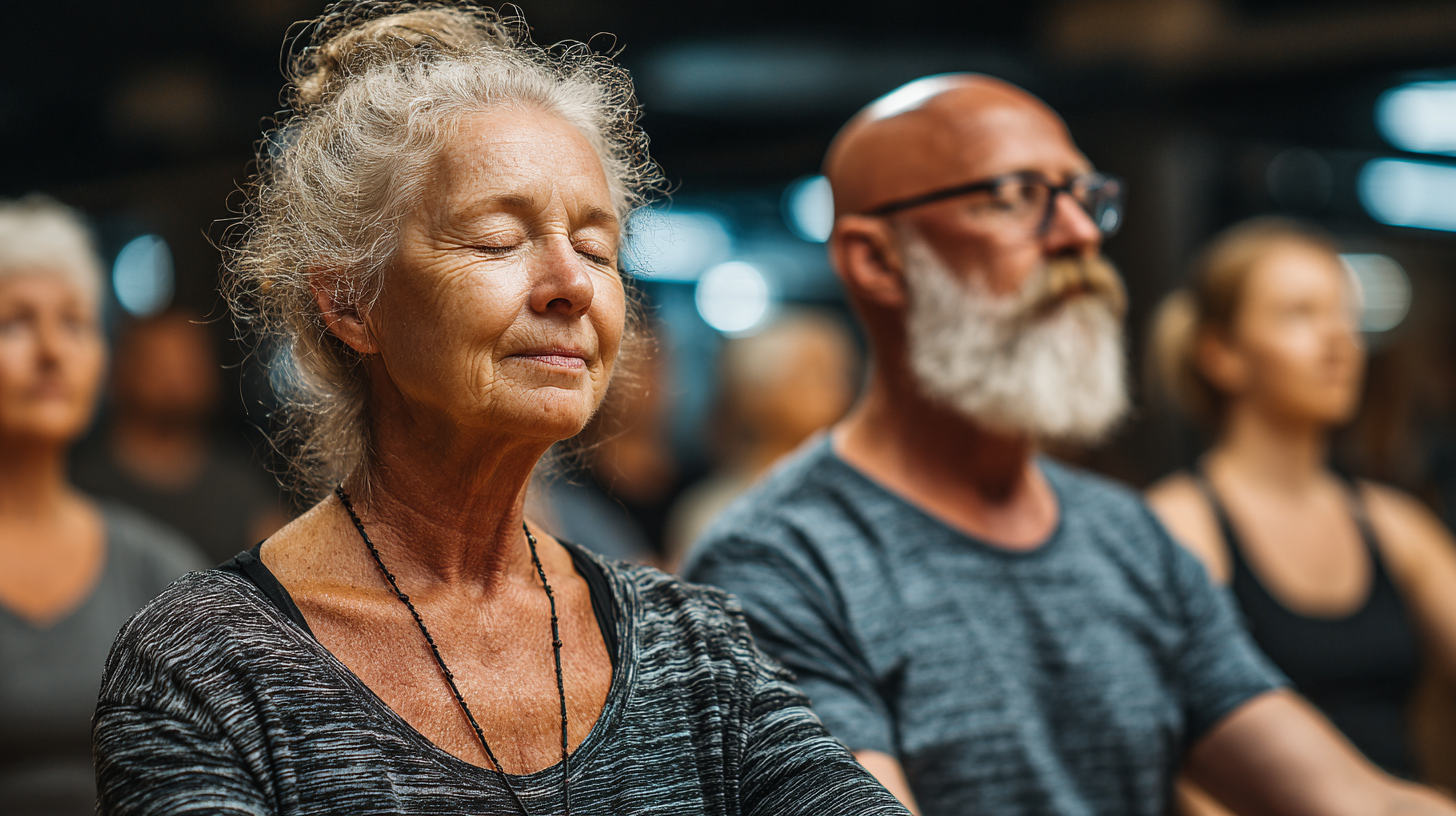 Instructora de yoga ayudando a una mujer mayor en una pose relajante